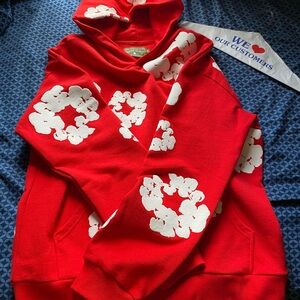 Red and White Cowl Neck Jacket with Floral Design